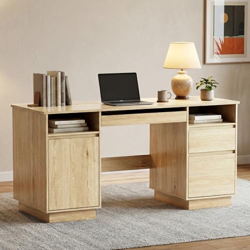 58" Wood Executive Desk with Drawers, Office Computer Desk with Storage