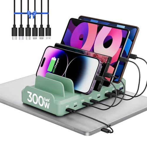 300W Charging Station for Multiple Devices, 8 Port Multi USB C Fast Charger Station Dock for MacBook iPhone 16/15/14/13/12 Samsung Pixel Series iPad, Green (6 Mixed Short Cables Included) - color: Green