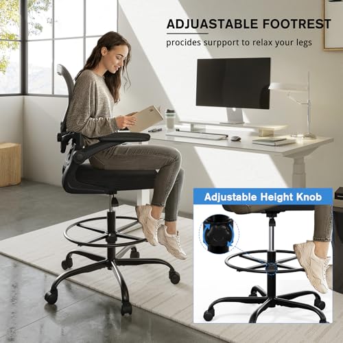 Alolo Drafting Office Chair with Foot Rest,Ergonomic Chair with Footrest for Standing Desk,Adjustable Mesh Lumbar Support Chairs with Flip-up Armrest and Heavy Duty Rolling(Black)