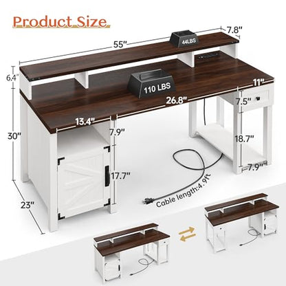 EnHomee 55" Farmhouse Writing Desk with Long Monitor Stand,Cabinet,Drawer | Sturdy Wooden Frame No Wobble,3AC+2USB for Multiple Devices,Farmhouse-style Classy Bedroom Aesthetic,White