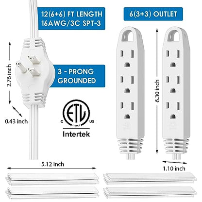 K KASONIC 12 FT Twin Extension Cord Power Strip, 3 Prong Flat Plug, White - color: White