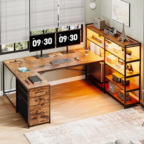 SEDETA L Shaped Desk with Storage Shelves, 64.5" Reversible U Shaped Office Desk with 3 Fabric Drawers, Gaming Desk with Power Outlet & LED Strip for Home Office, Rustic Brown - color: Rustic Brown