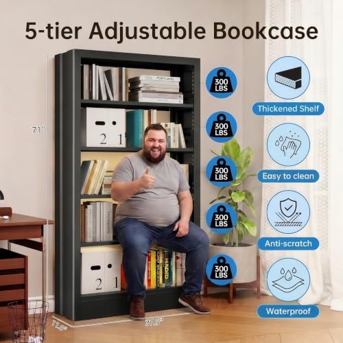 Heavy Duty Metal Bookshelf, 71” Tall 5-Tier Bookcase, Thickened 300LB Capacity Per Shelf, Adjustable Steel Shelves, Industrial Bookcase for Living Room, Home Office, Garage, Black - color: Black