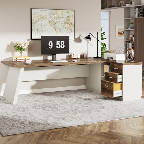 Tribesigns 78" L-Shaped Executive Desk, Large Modern Office Desk with Drawers and Lateral File Cabinet, Business Furniture with Storage Shelves, Big Computer Desk for Home Office (Brown + White) - color: Brown + White