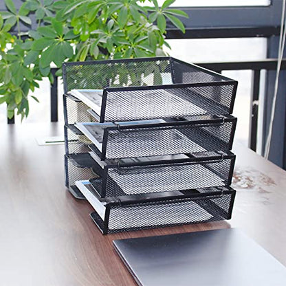 SETTFRFE 4 Tier Metal Letter Tray Desk Organizer-Stackable Paper Tray,Black | Desk Tray Organizer with Reinforced Edges,Stackable File Trays Organizers and Storage System for Office,School,Home