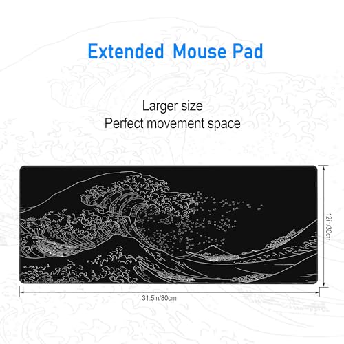 Kanagawa Great Wave Mouse Pad,Black Large Gaming Desk Mat,31.5x12 in | Extended Japanese Sea Wave Anime Esport Mousepad for Men,XL Computer Keyboard Decor Mousemat for Office Home,80x30 cm - color: Great Wave W