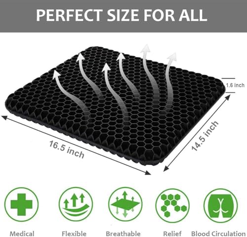 Gel Seat Cushion for Long Sitting, Double Thick, Pressure Relief | Cooling, Soft&Breathable | Sciatica, Hip&Coccyx Pain Relief | Gel Cushion for Office Chair, Home, Car, Wheelchair | Anti-Slip - color: Black