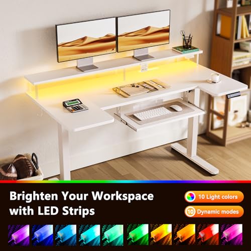 OffiGo 55 Inch U Shaped Electric Standing Desk with Keyboard Tray, White - color: White, size: 55 Inch