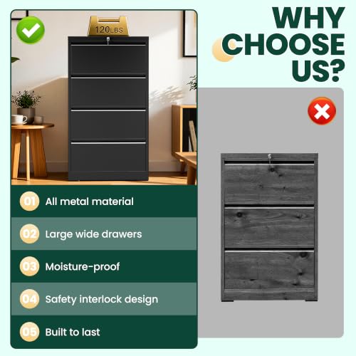 4 Drawer Lateral File Cabinet with Lock, File Cabinet for Home Office,Black | Heavy-Duty Steel Locking File Cabinet, Hanging Letter/Legal/A4 Size, Full-Extension Silent Drawer, Un-Assembly - color: Black, size: 4 Drawers