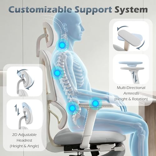 Ergonomic Office Chair with Footrest and Dynamic Lumbar Support, Grey | Reclining high-back computer chair, memory foam seat, 2D armrests, 2D headrest, mesh desk chair for home office, long hours - color: Light Grey