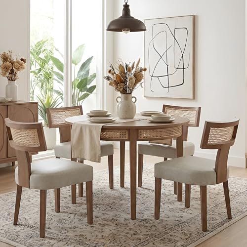 HNY Mid Century Modern Rattan Dining Chairs Set of 2, Farmhouse PU Leather Upholstered Accent Chair Curved Backrest Kitchen Chairs, with Hardwood Frame, Grey - color: Grey Rattan