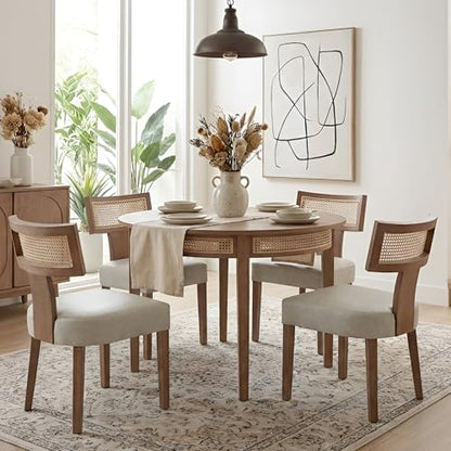 HNY Mid Century Modern Rattan Dining Chairs Set of 2, Farmhouse PU Leather Upholstered Accent Chair Curved Backrest Kitchen Chairs, with Hardwood Frame, Grey - color: Grey Rattan