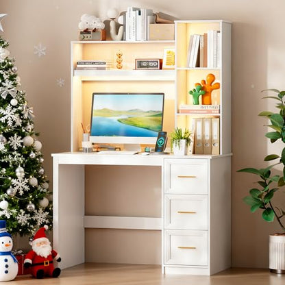 40” Home Office Desk with Hutch and Drawers, White | Modern Computer Desk with Adjustable LED Light and Charging Station, Storage Shelves, Writing Table for Bedroom Study Room - color: White-1
