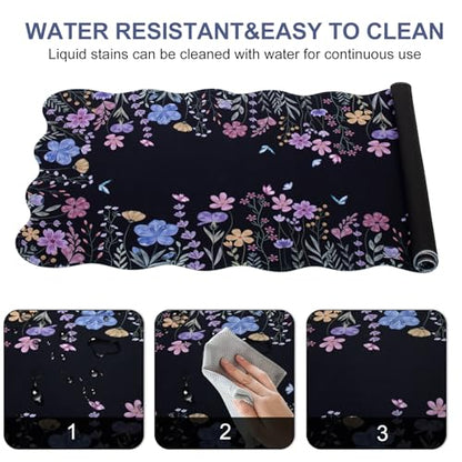 L-SPOUTTO Black Floral Mouse Pad,Scalloped Desk Mat XXL Gaming Mousepad | Botanical 35.4x15.7in Large Non-Slip Rubber Base Keyboard Pad Waterproof Desktop Mat for Laptop Computer Game Home Office - color: Flowers
