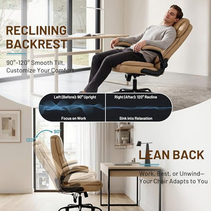 Ergonomic Office Chair, PU Leather High Back Executive Chair with Adjustable Inflatable Lumbar Support and Padded Flip-Up Arms, Recline Swivel Task Computer Chair for Home Office, Khaki - color: Khaki
