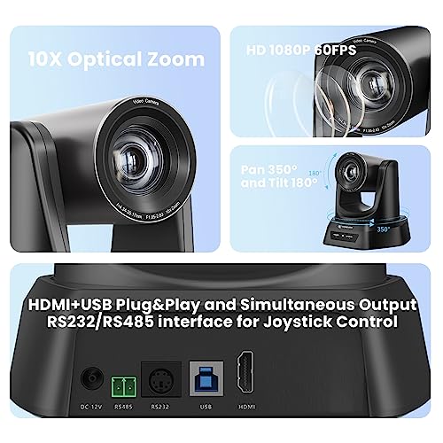TONGVEO PTZ Camera HDMI/USB 10X Optical Zoom 60fps 1080P Video Conference Camera for Church Worship Live Streaming Meeting Online Learn with Zoom YouTube OBS and More - color: black