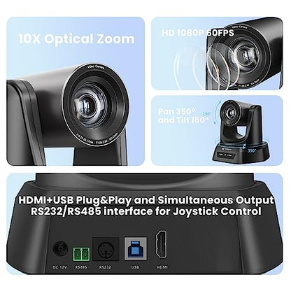 TONGVEO PTZ Camera HDMI/USB 10X Optical Zoom 60fps 1080P Video Conference Camera for Church Worship Live Streaming Meeting Online Learn with Zoom YouTube OBS and More - color: black