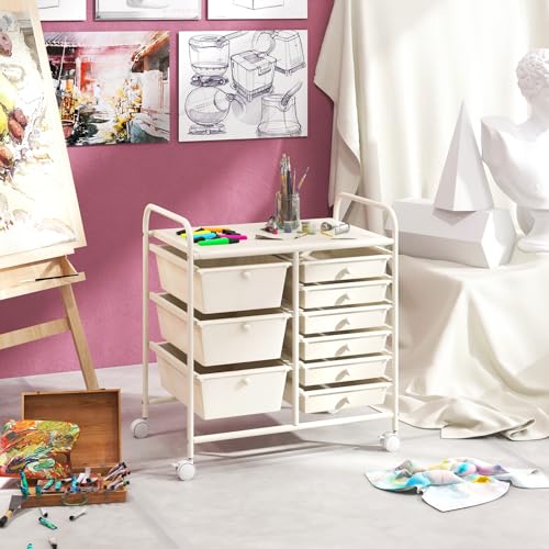 RELAX4LIFE 9 Drawer Rolling Storage Cart - Mobile Drawer Carts for Craft Art Supply Paper Salon, Utility Cart on Wheels for Classroom Teacher School Office, Rolling Cart with Drawers (Ivory White) - color: White, style: 9 Drawers