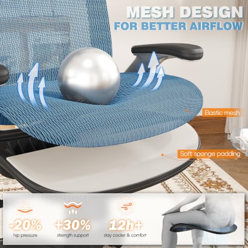 GABRYLLY Ergonomic Office Chair, High Back Home Desk Chair with 2D Flip-Up Arms, 3D Headrest, 90-120° Tilt and Wide Cushion, Big and Tall Mesh Chairs for Man Woman, Blue Computer Task Chair - color: Navy Blue