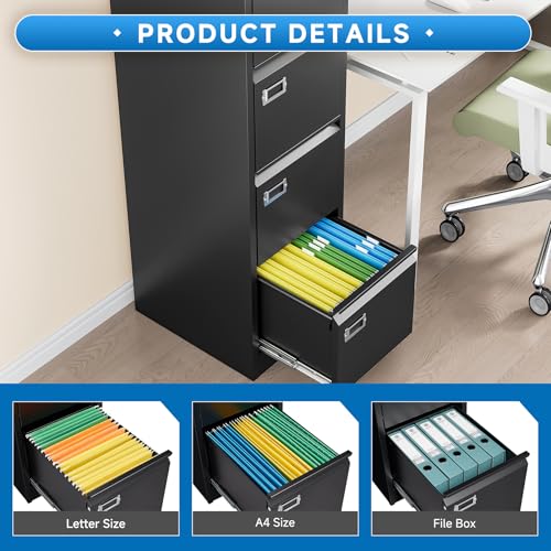 4 Drawer File Cabinet with Lock Metal Vertical File Cabinet Office Home Vertical File Cabinet for A4 Legal/Letter Size Narrow File Cabinet Locked,Assembly Required (Black, 4 Drawers- Vertical) - color: Black, size: 4 Drawers