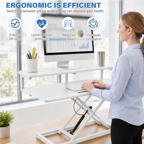37" Height Adjustable Standing Desk Converter, 4.9" to18.5 Height Adjustable Sit Stand Up Desk Riser with Secondary Desks, Desktop Workstation Riser for Home Office Computer Laptop, White - color: White