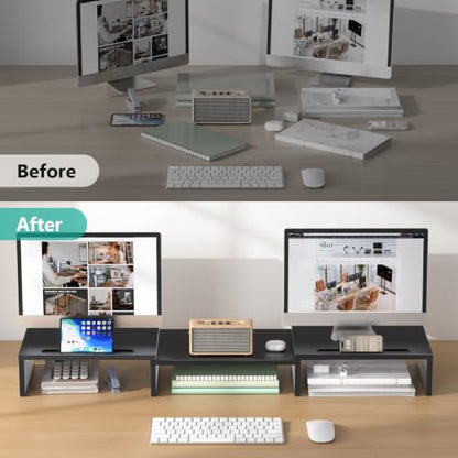 WALI Extra Long Wooden Dual Monitor Stand Riser with 2 Slots, up to 22lbs - color: Black, size: 31 in