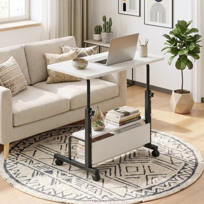 OLIXIS Rolling Desk, Storage Shelves, Laptop Table, Home Office | Height Adjustable Design, Computer Desks on Wheels, Portable for Small Spaces Use, White