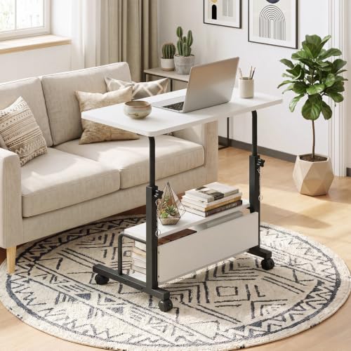 OLIXIS Rolling Desk, Storage Shelves, Laptop Table, Home Office | Height Adjustable Design, Computer Desks on Wheels, Portable for Small Spaces Use, White