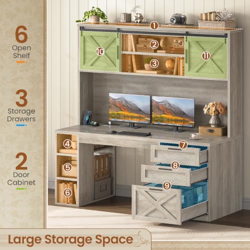 SEDETA 55.1" Farmhouse Desk with Hutch & 3 Storage Drawers - color: Grey, size: Desk with Hutch (55")