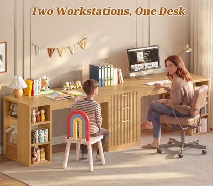 SEDETA Fluted 96.5" 2 Person Computer Desk with Storage Drawers - color: Fluted Natural