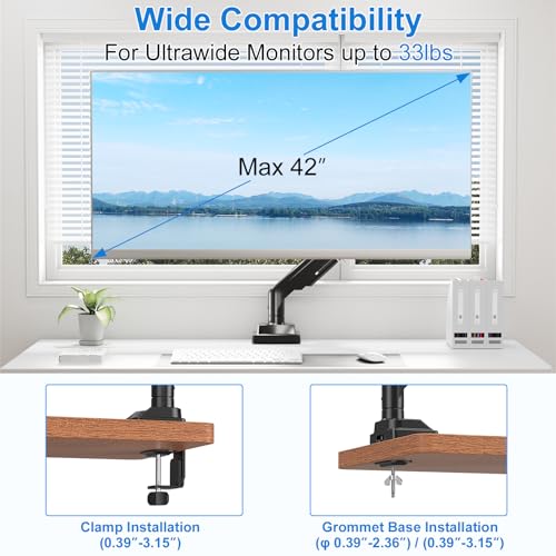 Single Monitor Mount for Max 43" Ultrawide Computer Screens | Hold up 2.2-33lbs Premium Monitor Arm Full Motion Gas Spring Heavy Duty Desk Mount Adjustable VESA Mount 75x75/100x100mm - style: Max 43"