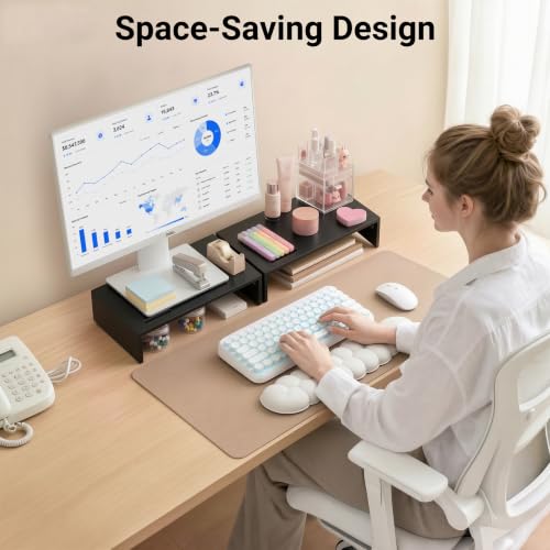 1home Monitor Stand Riser, 16.7 Inch Wood Monitor Riser Stand with Storage Organizer, Desktop Ergonomic Monitor Stand Riser with Cellphone Holder and Cable Management, Black | 16.7 Inch Wood Monitor Riser Stand, Desktop Stand for PC/TV/Laptop/Printer, Bla