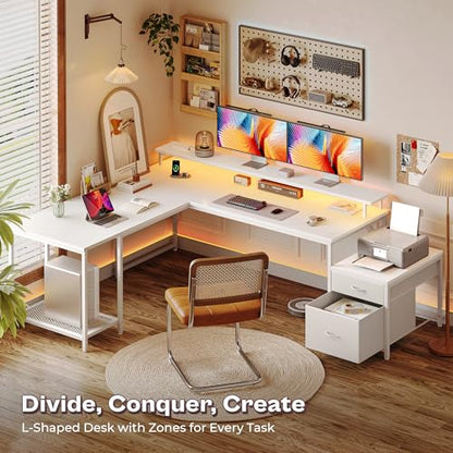 PRAISUN 66" L Shaped Gaming Desk with LED Lights & Power Outlets - color: White