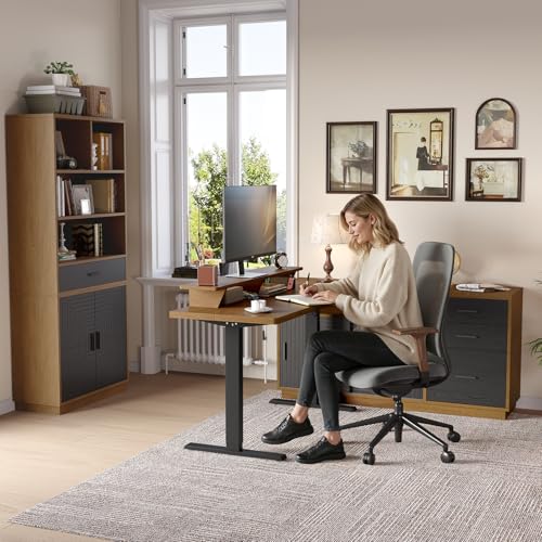 ONBRILL 63 x 24 Inches Standing Desk with Adjustable Monitor Shelf, Oak - color: Oak Brown, size: 63in