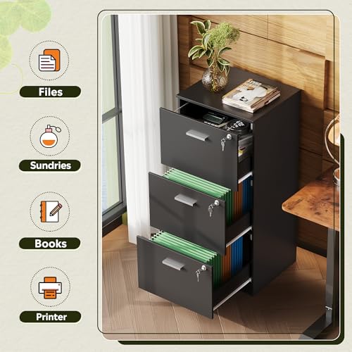 DEVAISE 3 Drawer Wood File Cabinet with Lock, Printer Stand, Black - color: Black