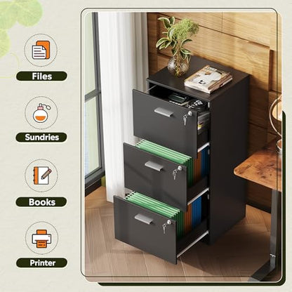 DEVAISE 3 Drawer Wood File Cabinet with Lock, Printer Stand, Black - color: Black