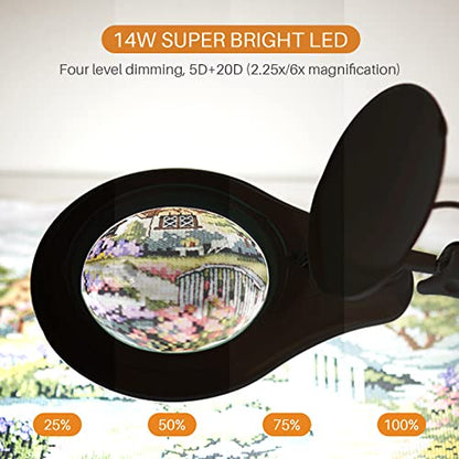 Bifocal LED Magnifying Lamp with Clamp, 14W 1200LM, Black | 5-inch bifocal glass lens with 60 SMD LEDs provides 2.25X & 6X magnification and 4 brightness levels - color: Black