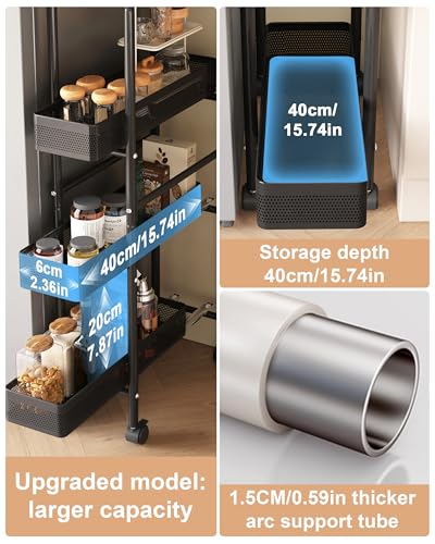 UMDONX 4-Tier Narrow Mobile Storage Cart with Pull-Out Baskets - color: Black, size: 4 Tier
