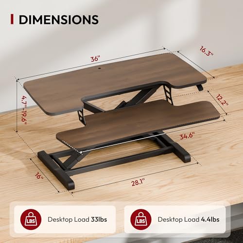 SANODESK 36" Standing Desk Converter, Smooth Mechanical Spring Effortless Lift Sit-Stand Riser for Dual Monitors, Heavy Duty Workstation with Keyboard Tray, Walnut - color: Walnut, size: 36"