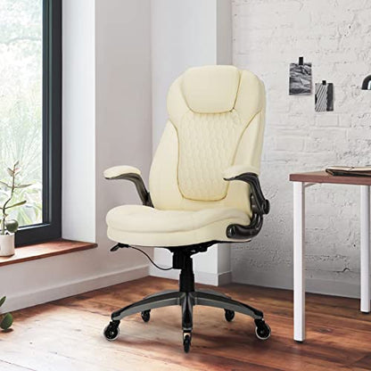 COLAMY Ergonomic High Back Office Chair, Ivory Bonded Leather Executive Desk Chair with Flip-up Arms, Thick Cushion, Silent Nylon Wheels, Adjustable Height & Rocking Function, 300lbs Capacity - color: Iovry White, size: set of 1