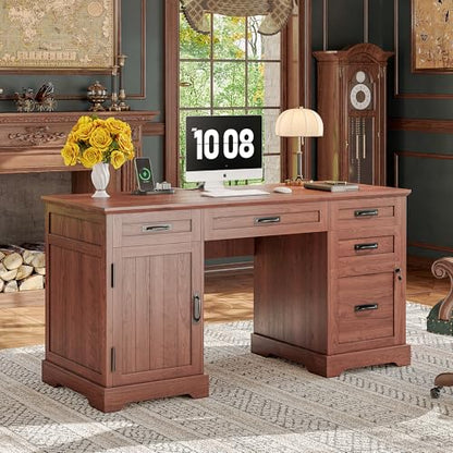Alohappy 55'' Farmhouse Executive Desk, Home Office Desk with Drawers, Wood Computert Desk with File Cabinet and Power Outlets, Cherry Brown - color: Cherry Brown, size: 55''