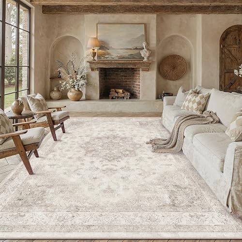 PureCozy Beige 8x10 Washable Area Rug Vintage Oriental Medallion Carpet | Soft Low Pile, Non Slip, Stain Resistant, Large, Neutral Retro Decor for Living Room, Bedroom, Dining Room, Kids Room - color: Beige, size: 8' x 10' (Rectangular)