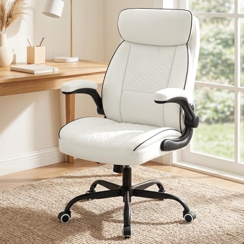 White Office Chair 400lbs, Modern Executive Desk Chair with Lumbar Support, Comfortable Computer Chair with Flip-up Armrests, Adjustable Height Swivel Reclining Chair for Home Office, Faux Leather - color: White-large