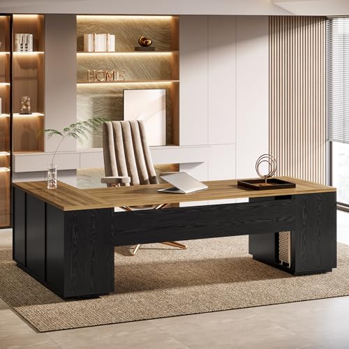 Tribesigns 85.8-Inch L-Shaped Executive Office Desk with File Drawers & Storage Cabinet, Professional Corner Computer Desk Extra Large Business Workstation with Adjustable Shelves (Brown&Black) - color: Brown&black
