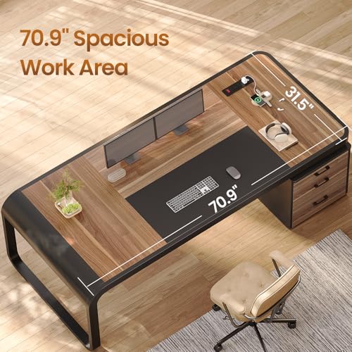 Itaar 70.9" Executive Desk, Large Computer Desk with Drawers and Lateral File Cabinet, Office Desk with Removable Shelves, Business Furniture Desk Workstation for Home Office, Walnut - color: Walnut