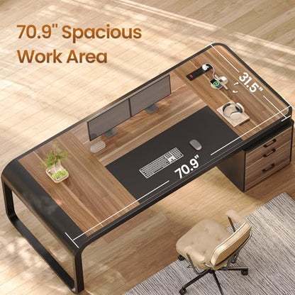 Itaar 70.9" Executive Desk, Large Computer Desk with Drawers and Lateral File Cabinet, Office Desk with Removable Shelves, Business Furniture Desk Workstation for Home Office, Walnut - color: Walnut