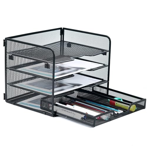 SETTFRFE 4-Tier Metal Desk Organizer-Paper Letter Tray with Drawer,Black - size: 12.8" x 10" x 9.9"
