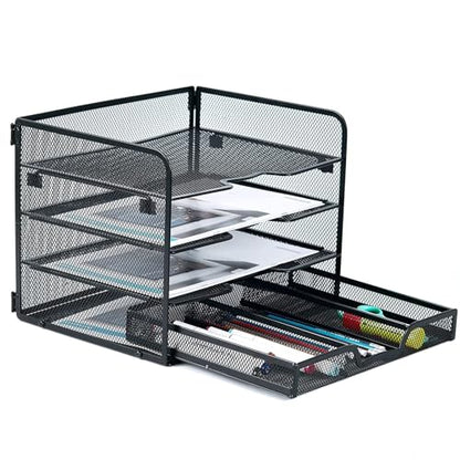 SETTFRFE 4-Tier Metal Desk Organizer-Paper Letter Tray with Drawer,Black - size: 12.8" x 10" x 9.9"