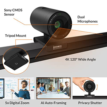 Innex C570 120° Wide Angle Webcam 4K with AI Tracking and Auto-Framing | Webcam with Microphone, ePTZ, 5X Digital Zoom, Remote Control, Privacy Cover, Conference Camera for Zoom & Microsoft Teams - style: View Angle 120-degree + ePTZ