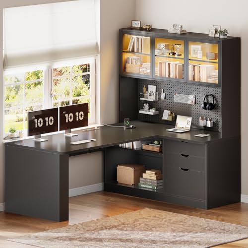 SEDETA L Shaped Corner Gaming Desk with 3 Wood Drawer and Large Bookshelf - color: Black